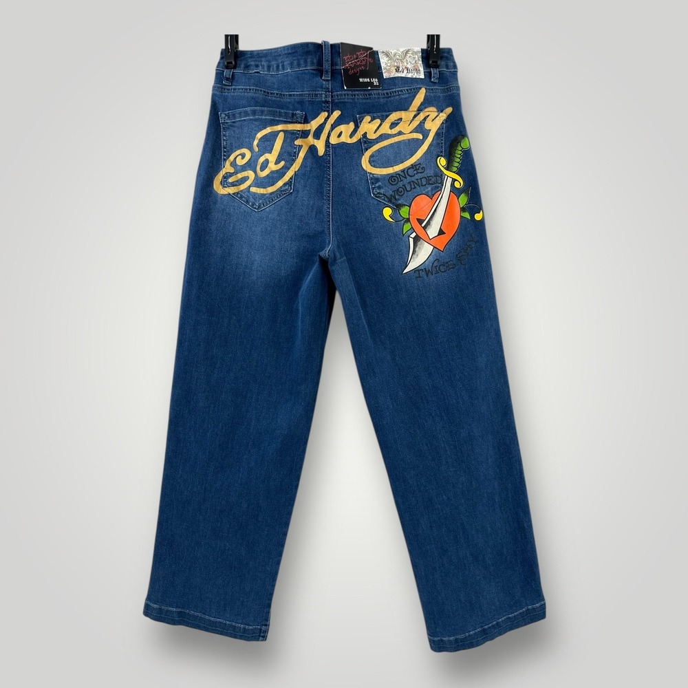 NEW Ed Hardy Heart Dagger Jeans Womens 32 Blue Wide Leg High‎ Rise Graphic Logo